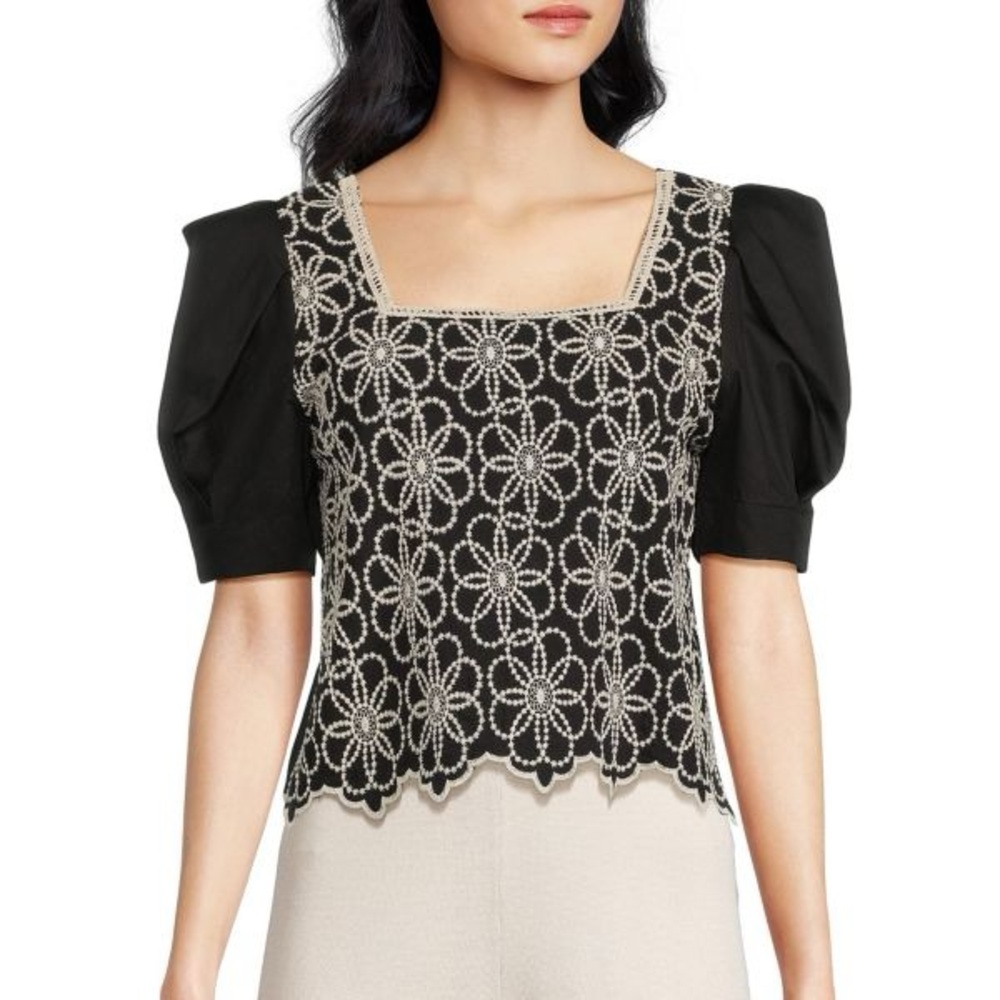 Lea & Viola Embroidered Puff Sleeve Crochet Trim Cotton Puff Sleeve Top Small